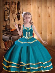 Excellent Floor Length Teal Kids Pageant Dress Organza Sleeveless Embroidery and Ruffled Layers