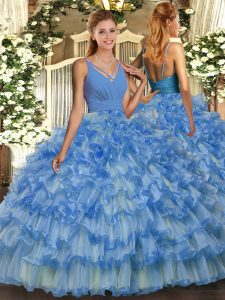 Designer Sleeveless Organza Floor Length Backless Sweet 16 Quinceanera Dress in Blue with Beading and Ruffled Layers