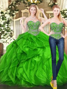 Sophisticated Beading and Ruffles Vestidos de Quinceanera Green Lace Up Sleeveless Floor Length