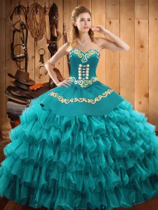 Teal Sweet 16 Dresses Military Ball and Sweet 16 and Quinceanera with Embroidery and Ruffled Layers Sweetheart Sleeveless Lace Up