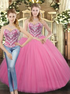 Sleeveless Floor Length Beading Lace Up Quinceanera Gowns with Rose Pink