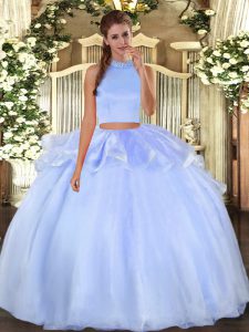 Artistic Halter Top Sleeveless Quinceanera Dress Floor Length Beading Light Blue Organza