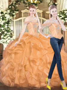 Luxury Orange Red Sweet 16 Dresses Military Ball and Sweet 16 and Quinceanera with Beading and Ruffles Off The Shoulder Sleeveless Lace Up