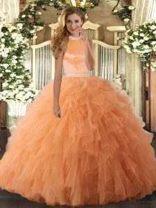 Organza Halter Top Sleeveless Backless Beading and Ruffles Sweet 16 Quinceanera Dress in Orange