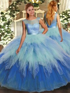 Suitable Scoop Sleeveless Backless 15 Quinceanera Dress Multi-color Organza