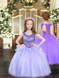 Lavender Sleeveless Floor Length Beading Lace Up Little Girl Pageant Dress