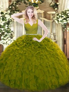 Fabulous Ball Gowns Quinceanera Gowns Olive Green V-neck Tulle Sleeveless Floor Length Zipper