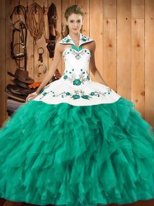 Turquoise Satin and Organza Lace Up Quinceanera Dress Sleeveless Floor Length Embroidery and Ruffles