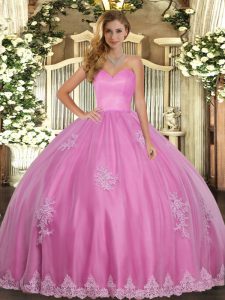 Rose Pink Ball Gowns Beading and Appliques Sweet 16 Dress Lace Up Tulle Sleeveless Floor Length