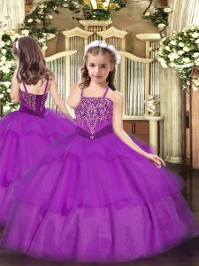 Amazing Organza Straps Sleeveless Lace Up Beading and Ruffled Layers Little Girl Pageant Dress in Purple