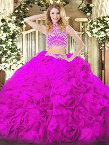 Luxurious Fuchsia Two Pieces Tulle High-neck Sleeveless Beading and Ruffles Floor Length Backless Sweet 16 Dresses