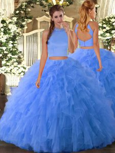 Two Pieces 15 Quinceanera Dress Baby Blue Halter Top Tulle Sleeveless Floor Length Backless