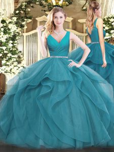 Tulle V-neck Sleeveless Zipper Beading and Ruffles 15 Quinceanera Dress in Teal