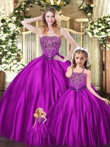 Colorful Eggplant Purple Ball Gowns Beading Quince Ball Gowns Lace Up Organza Sleeveless Floor Length