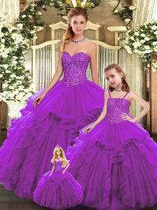 Artistic Sweetheart Sleeveless Quinceanera Dress Floor Length Beading and Ruffles Eggplant Purple Organza