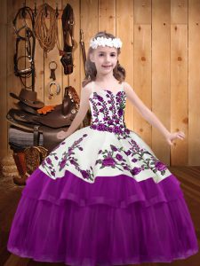 Elegant Floor Length Lace Up Kids Pageant Dress Fuchsia for Party and Sweet 16 and Quinceanera and Wedding Party with Embroidery