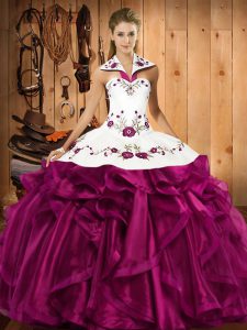 Amazing Fuchsia Sleeveless Embroidery and Ruffles Floor Length Sweet 16 Quinceanera Dress