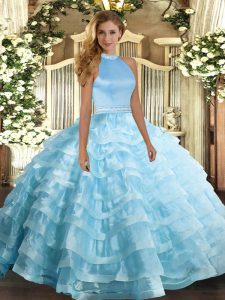 Baby Blue Halter Top Neckline Beading and Ruffled Layers Sweet 16 Dresses Sleeveless Backless