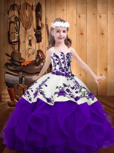 Amazing Floor Length Lace Up Little Girls Pageant Dress White And Purple for Sweet 16 and Quinceanera with Embroidery and Ruffles