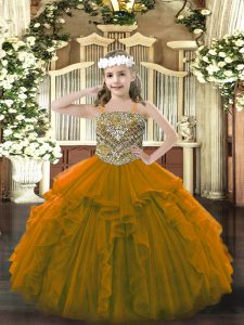 Excellent Floor Length Lace Up Pageant Dress for Womens Brown for Party and Quinceanera with Beading and Ruffles