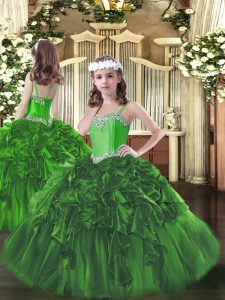 High Quality Dark Green Straps Neckline Beading and Ruffles Custom Made Pageant Dress Sleeveless Lace Up