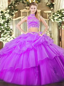 Eggplant Purple Backless High-neck Beading and Ruffles and Pick Ups Sweet 16 Dress Tulle Sleeveless