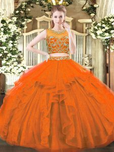 Lovely Sleeveless Floor Length Beading and Ruffles Zipper Quince Ball Gowns with Rust Red