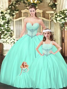 Aqua Blue Ball Gowns Beading Ball Gown Prom Dress Lace Up Tulle Sleeveless Floor Length