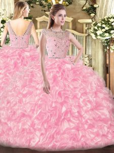 Sweet Rose Pink Sleeveless Tulle Zipper Sweet 16 Quinceanera Dress for Military Ball and Sweet 16 and Quinceanera