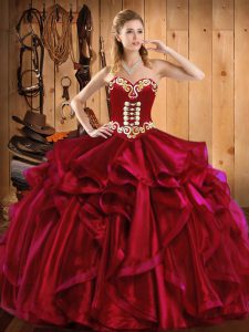 Wine Red Sleeveless Floor Length Embroidery and Ruffles Lace Up Quinceanera Dresses