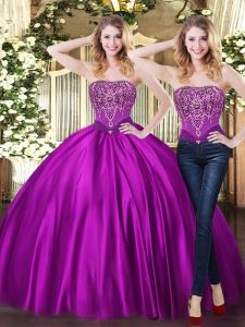 Luxurious Purple Ball Gowns Tulle Sweetheart Sleeveless Beading Floor Length Lace Up Sweet 16 Dress