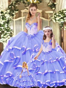 Sleeveless Tulle Floor Length Lace Up 15 Quinceanera Dress in Lavender with Beading and Ruffled Layers