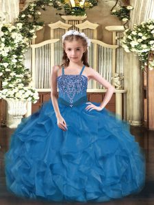 Blue Sleeveless Beading and Ruffles Floor Length Custom Made Pageant Dress