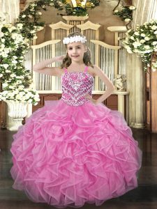 Floor Length Rose Pink Kids Pageant Dress Organza Sleeveless Beading and Ruffles