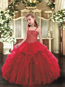 Ball Gowns Pageant Dress for Womens Red Straps Organza Sleeveless Floor Length Lace Up