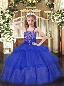 Fashion Royal Blue Organza Lace Up Straps Sleeveless Floor Length Little Girl Pageant Gowns Beading and Ruffled Layers