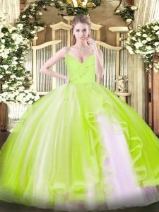 Spaghetti Straps Sleeveless Tulle Ball Gown Prom Dress Ruffles Zipper