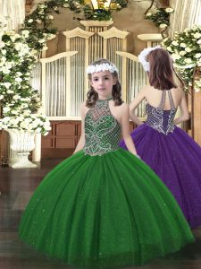 Stylish Dark Green Ball Gowns Tulle Halter Top Sleeveless Beading Floor Length Lace Up Kids Formal Wear