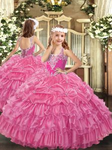 Beauteous Sleeveless Organza Floor Length Lace Up Girls Pageant Dresses in Rose Pink with Beading and Ruffled Layers and Pick Ups