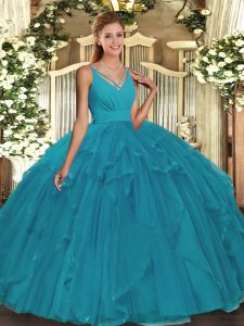 Fitting Teal Ball Gowns Ruffles Sweet 16 Dresses Backless Organza Sleeveless Floor Length