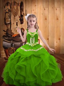 Green Organza Lace Up Straps Sleeveless Floor Length Pageant Gowns For Girls Beading and Embroidery and Ruffles