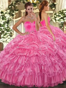 Stylish Organza Sweetheart Sleeveless Lace Up Beading and Ruffled Layers Quinceanera Gown in Rose Pink