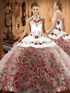 Multi-color Halter Top Lace Up Embroidery Vestidos de Quinceanera Sweep Train Sleeveless