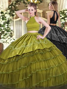 Hot Selling Olive Green Sweet 16 Dresses Military Ball and Sweet 16 and Quinceanera with Beading and Embroidery and Ruffled Layers Halter Top Sleeveless Backless