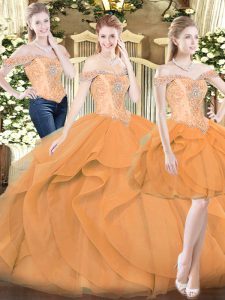 Nice Sleeveless Organza Floor Length Lace Up Quinceanera Gowns in Orange Red with Ruffles