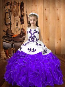 Dramatic Sleeveless Floor Length Embroidery and Ruffles Lace Up Pageant Dress Toddler with Eggplant Purple