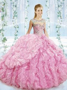 Baby Pink Organza Lace Up Sweetheart Sleeveless Sweet 16 Quinceanera Dress Brush Train Beading and Ruffles