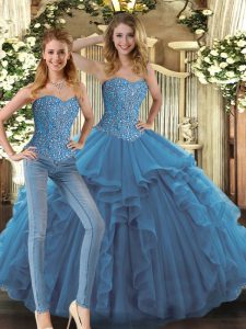 Glamorous Teal Lace Up Sweetheart Beading and Ruffles Sweet 16 Quinceanera Dress Tulle Sleeveless