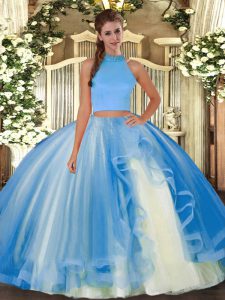 Dramatic Light Blue Two Pieces Halter Top Sleeveless Tulle Floor Length Backless Beading and Ruffles Sweet 16 Quinceanera Dress