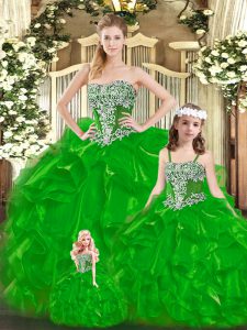 Green Organza Lace Up Strapless Sleeveless Floor Length Sweet 16 Dress Beading and Ruffles